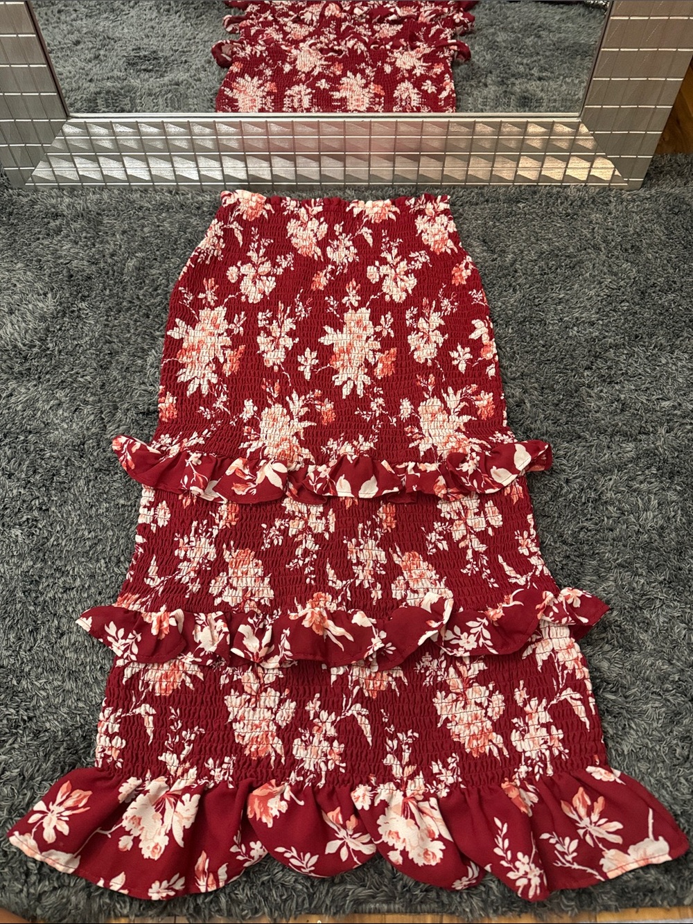Abercrombie & Fitch Red Floral Maxi Skirt with Ruffle Tiers